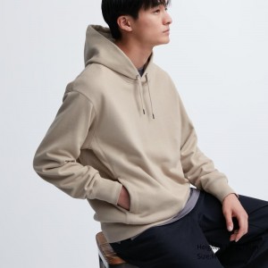 Sweat a Capuche Uniqlo Sweat Pullover Long-sleeve Homme Beige | 2510632