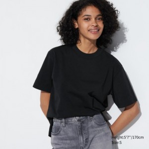 T Shirts Uniqlo AIRism Cotton Short Sleeve Femme Noir | 1927414