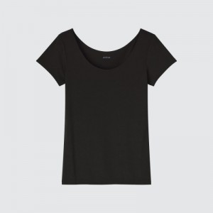 T Shirts Uniqlo AIRism Scoop Neck Short-Sleeve Femme Noir | 257596