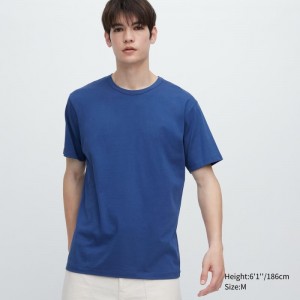 T Shirts Uniqlo Airism Cotton Crew Neck Homme Bleu | 2580250