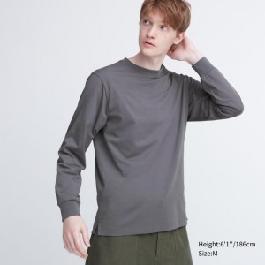 T Shirts Uniqlo Airism Cotton Uv Protection Crew Neck Long-sleeve Homme Grise | 4117942