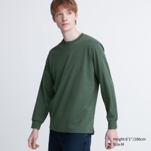T Shirts Uniqlo Airism Cotton Uv Protection Crew Neck Long-sleeve Homme Vert | 8730197