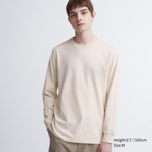 T Shirts Uniqlo Airism Cotton Uv Protection Crew Neck Long-sleeve Homme Beige | 1170637