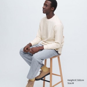 T Shirts Uniqlo Airism Cotton Uv Protection Crew Neck Homme Beige | 2834381