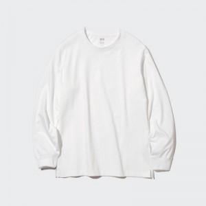 T Shirts Uniqlo Airism Cotton Uv Protection Crew Neck Long-sleeve Femme Blanche | 7551162