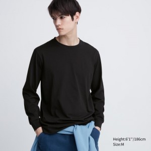 T Shirts Uniqlo Airism Cotton Uv Protection Crew Neck Long-sleeve Homme Noir | 5066243