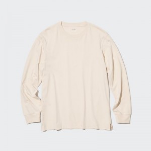 T Shirts Uniqlo Airism Cotton Uv Protection Crew Neck Long-sleeve Femme Beige | 3058925