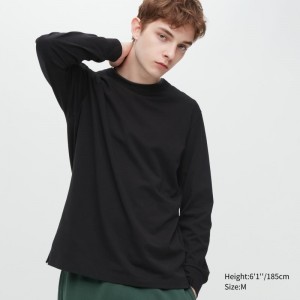 T Shirts Uniqlo Airism Cotton Uv Protection Crew Neck Homme Noir | 237018