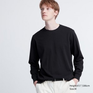 T Shirts Uniqlo Airism Cotton Uv Protection Crew Neck Homme Noir | 3569944