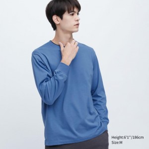 T Shirts Uniqlo Airism Cotton Uv Protection Crew Neck Long-sleeve Homme Bleu | 447930