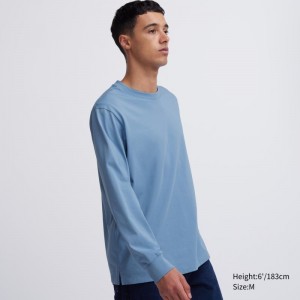 T Shirts Uniqlo Airism Cotton Uv Protection Crew Neck Long-sleeve Homme Bleu | 2910080