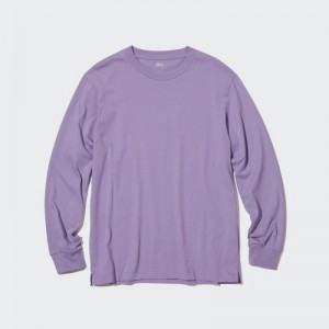 T Shirts Uniqlo Airism Cotton Uv Protection Crew Neck Long-sleeve Femme Violette | 4592425