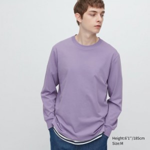 T Shirts Uniqlo Airism Cotton Uv Protection Crew Neck Homme Violette | 2102420