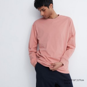 T Shirts Uniqlo Airism Cotton Uv Protection Crew Neck Long-sleeve Homme Rose | 4056932