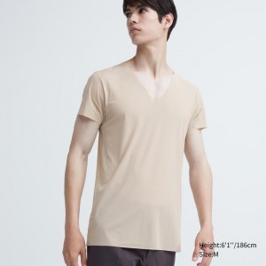T Shirts Uniqlo Airism Mesh Anti-odor V-neck Homme Beige | 1390334