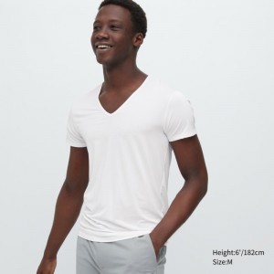 T Shirts Uniqlo Airism V-neck Short-sleeve Homme Blanche | 6713635