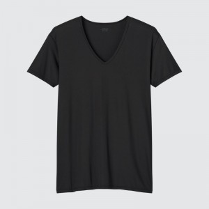 T Shirts Uniqlo Airism V-neck Short-sleeve Homme Noir | 5529612