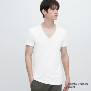 T Shirts Uniqlo Airism V-neck Short-sleeve Homme Blanche | 1177025