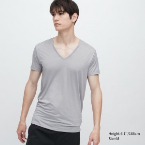 T Shirts Uniqlo Airism V-neck Short-sleeve Homme Grise | 3699984