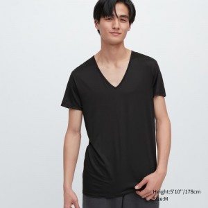 T Shirts Uniqlo Airism V-neck Short-sleeve Homme Noir | 5788134