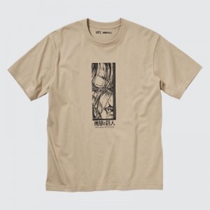 T Shirts Uniqlo Attack on Titan UT Short-Sleeve The "Rumbling" Begins Femme Beige | 9951169