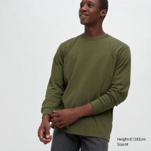 T Shirts Uniqlo Brushed Cotton Crew Neck Long-sleeve Homme Vert Olive | 5054791
