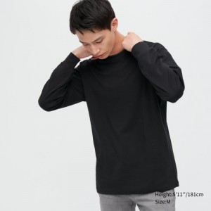 T Shirts Uniqlo Brushed Cotton Crew Neck Long-sleeve Homme Noir | 9840202