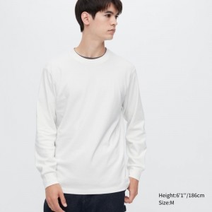T Shirts Uniqlo Brushed Cotton Crew Neck Long-sleeve Homme Blanche | 670069
