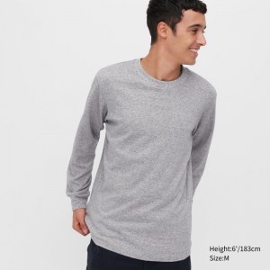 T Shirts Uniqlo Brushed Cotton Crew Neck Long-sleeve Homme Grise | 1602441