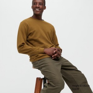 T Shirts Uniqlo Brushed Cotton Crew Neck Long-sleeve Homme Marron | 7341241