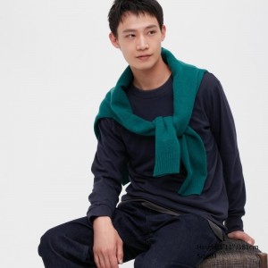 T Shirts Uniqlo Brushed Cotton Crew Neck Long-sleeve Homme Bleu Marine | 568480