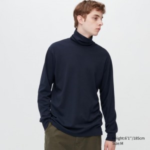 T Shirts Uniqlo Brushed Cotton Turtleneck Long-sleeve Homme Bleu Marine | 9298186