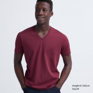 T Shirts Uniqlo Dry Color V-Neck Short-Sleeve Femme Rouge | 6262217