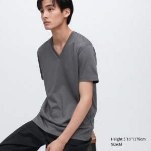 T Shirts Uniqlo Dry Color V-Neck Short-Sleeve Femme Grise | 6140481