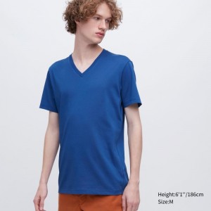 T Shirts Uniqlo Dry Color V-Neck Short-Sleeve Homme Bleu | 6411691