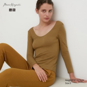 T Shirts Uniqlo HEATTECH Ballet Neck Long-Sleeve Silk Blend Femme Marron | 6932145