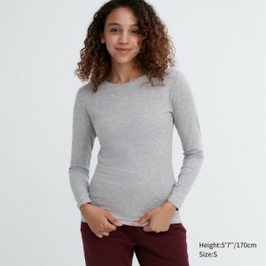 T Shirts Uniqlo HEATTECH Cotton Crew Neck Long-Sleeve Femme Grise | 2722284