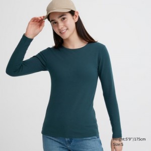 T Shirts Uniqlo HEATTECH Cotton Crew Neck Long-Sleeve Femme Vert | 3058071