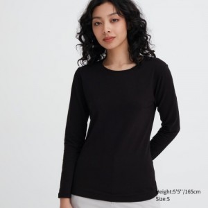 T Shirts Uniqlo HEATTECH Cotton Crew Neck Long-Sleeve Femme Noir | 6648196
