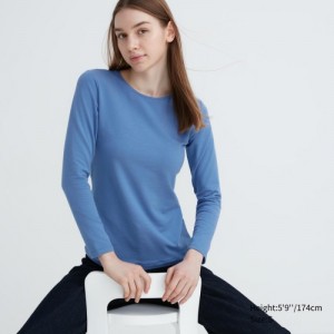 T Shirts Uniqlo HEATTECH Cotton Crew Neck Long-Sleeve Femme Bleu | 334732