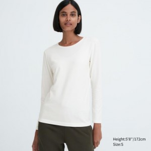 T Shirts Uniqlo HEATTECH Cotton Crew Neck Long-Sleeve Femme Blanche | 5919341