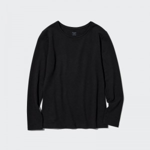 T Shirts Uniqlo HEATTECH Cotton Crew Neck Long-Sleeve Femme Noir | 7820817