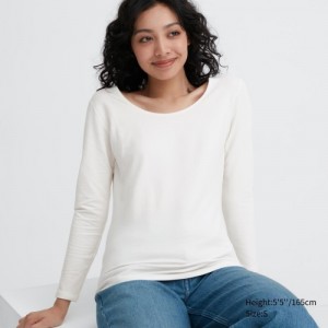 T Shirts Uniqlo HEATTECH Cotton Scoop Neck Long-Sleeve Femme Blanche | 2559034