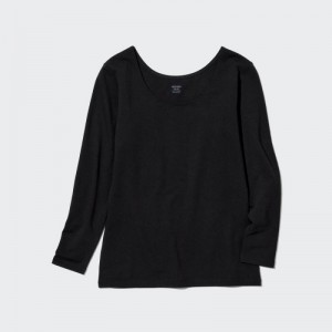 T Shirts Uniqlo HEATTECH Cotton Scoop Neck Long-Sleeve Femme Noir | 7290181