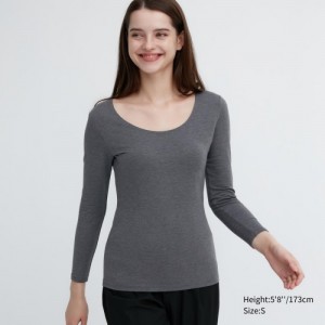 T Shirts Uniqlo HEATTECH Cotton Scoop Neck Long-Sleeve Femme Grise | 560043