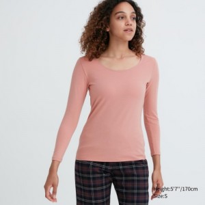 T Shirts Uniqlo HEATTECH Cotton Scoop Neck Long-Sleeve Femme Rose | 8063646