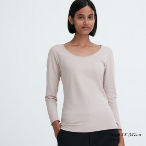 T Shirts Uniqlo HEATTECH Cotton Scoop Neck Long-Sleeve Femme Blanche | 1840226