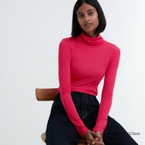 T Shirts Uniqlo HEATTECH Extra Warm Seamless Ribbed Turtleneck Long-Sleeve Femme Rose | 7562413