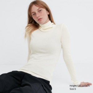 T Shirts Uniqlo HEATTECH Extra Warm Seamless Ribbed Turtleneck Long-Sleeve Femme Blanche | 4265098