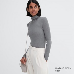 T Shirts Uniqlo HEATTECH Extra Warm Seamless Ribbed Turtleneck Long-Sleeve Femme Grise | 8221963